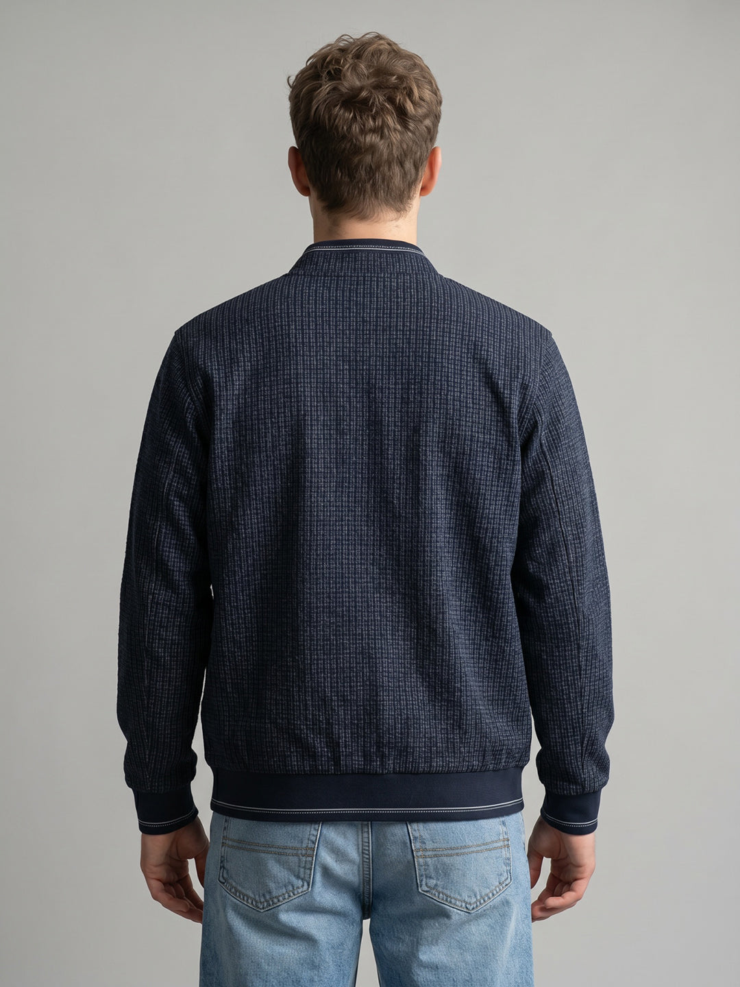 Men Navy Blue Jacquard Collar Full Sleeve Reversible Knitted Jacket