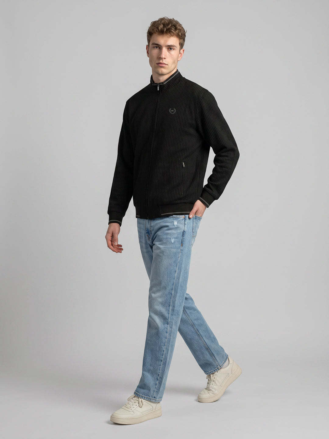 Men Black Jacquard Collar Full Sleeve Reversible Knitted Jacket