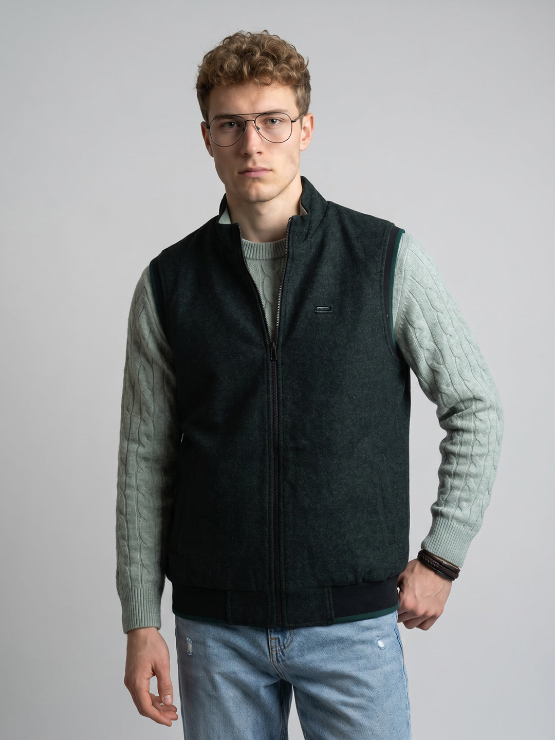 Men Green Melange Turtle Neck Sleeveless Reversible Knitted Jacket