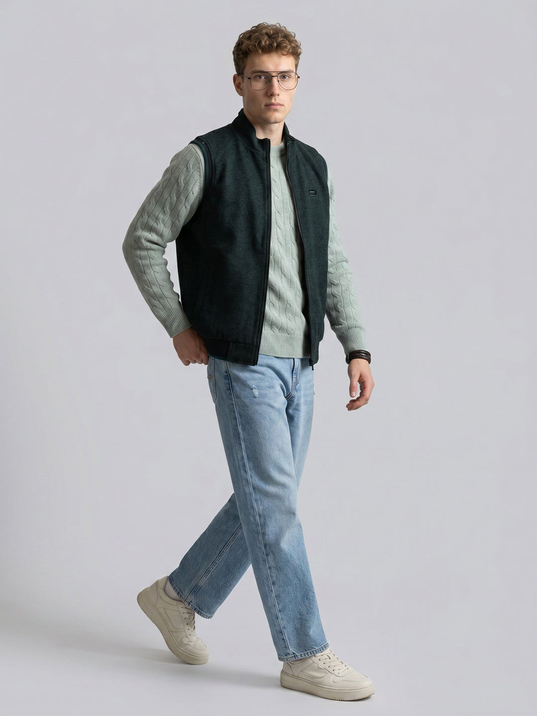 Men Green Melange Turtle Neck Sleeveless Reversible Knitted Jacket
