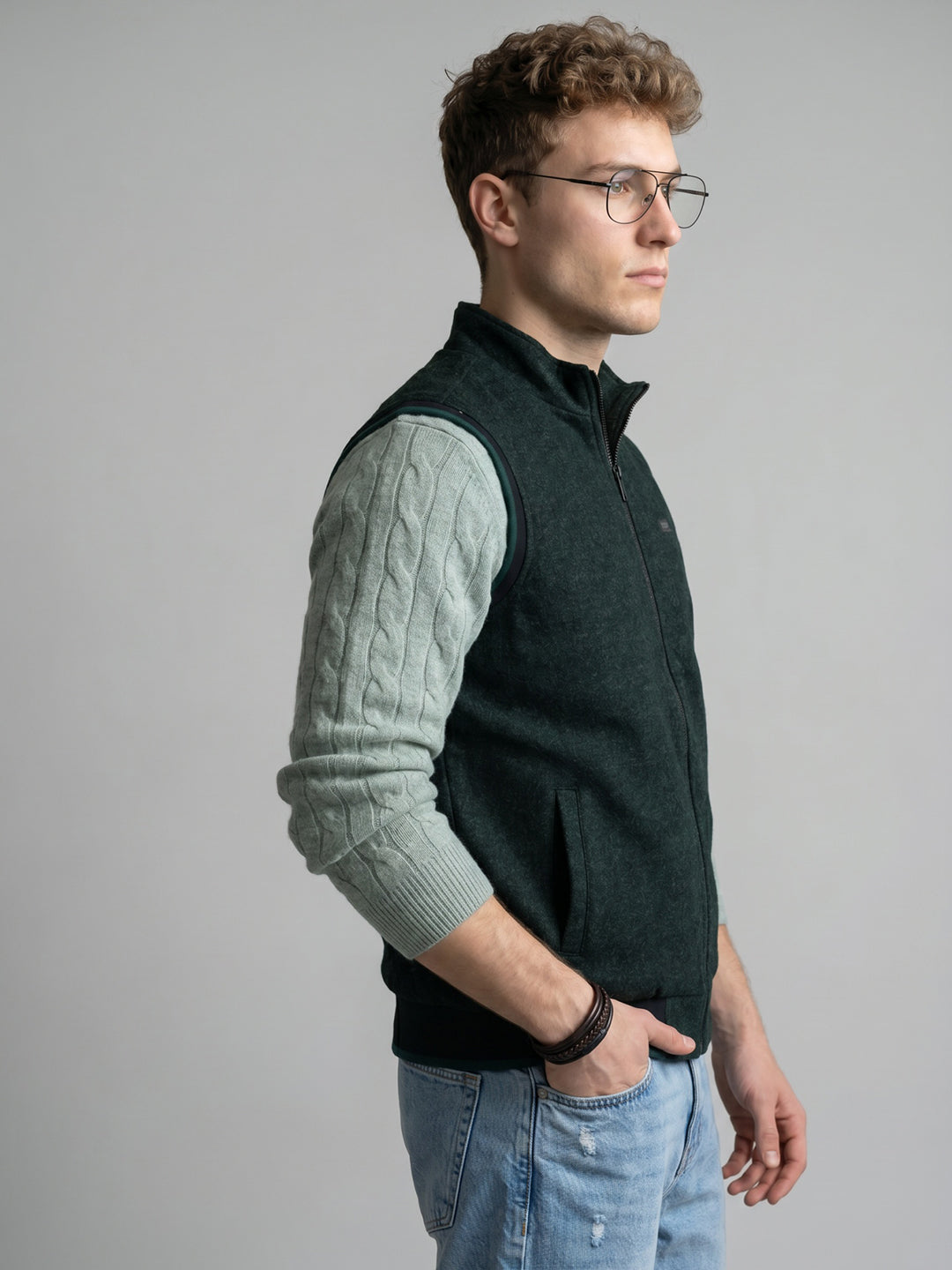 Men Green Melange Turtle Neck Sleeveless Reversible Knitted Jacket