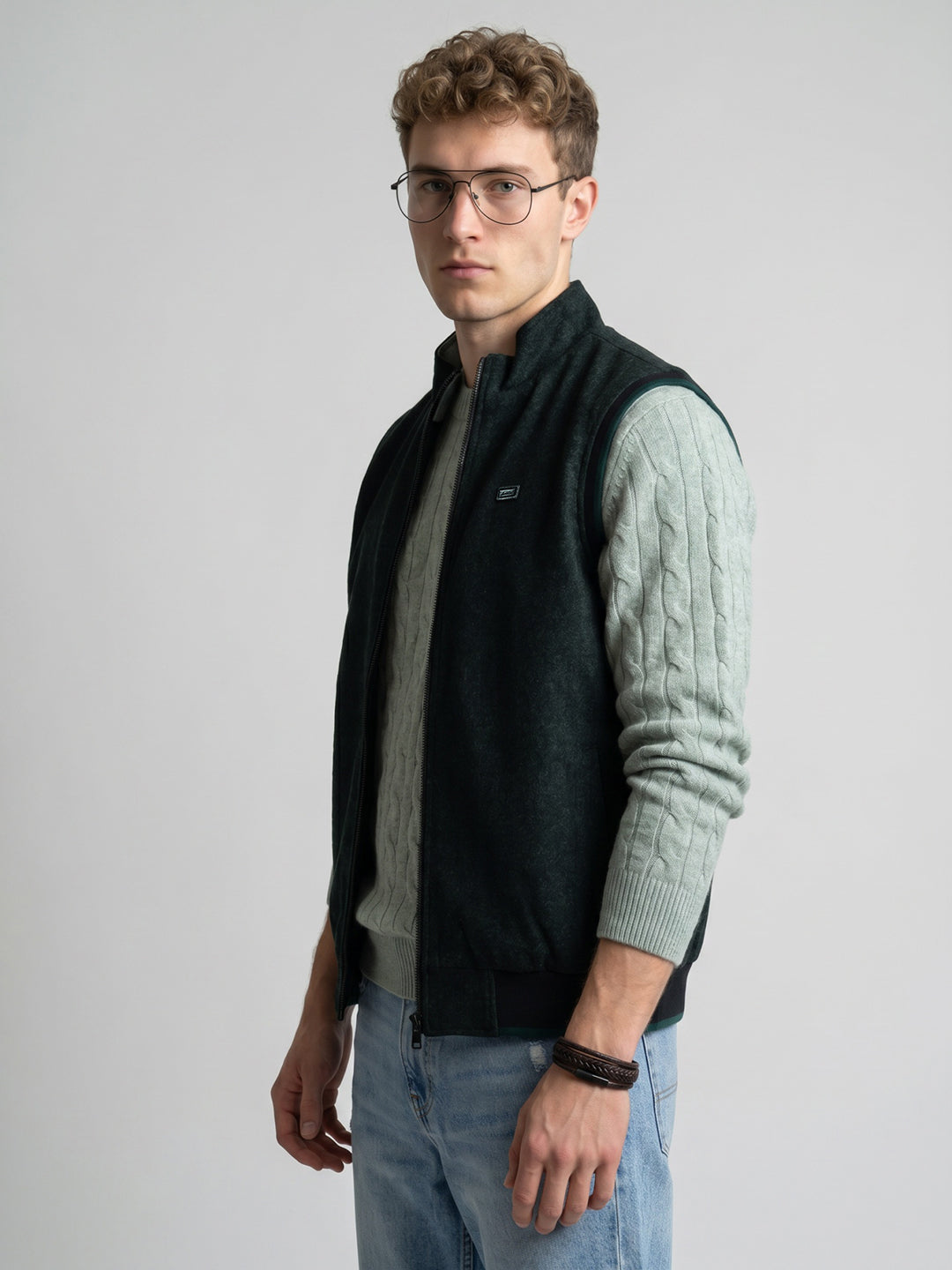Men Green Melange Turtle Neck Sleeveless Reversible Knitted Jacket