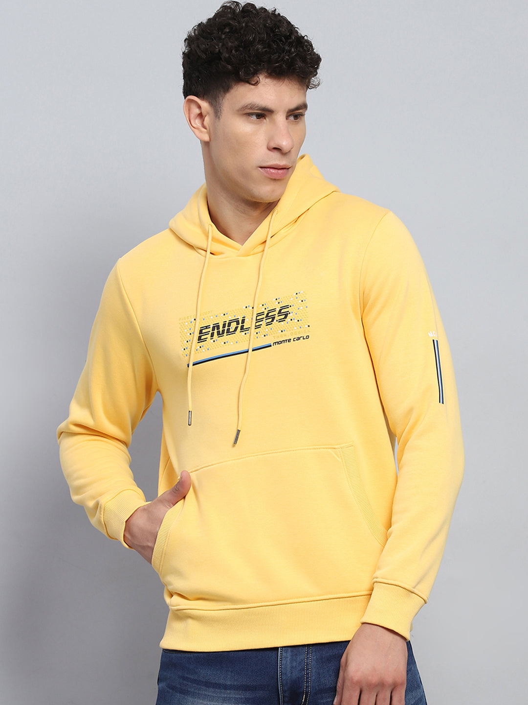 Men Yellow Printed Hooded Full Sleeve Sweatshirt