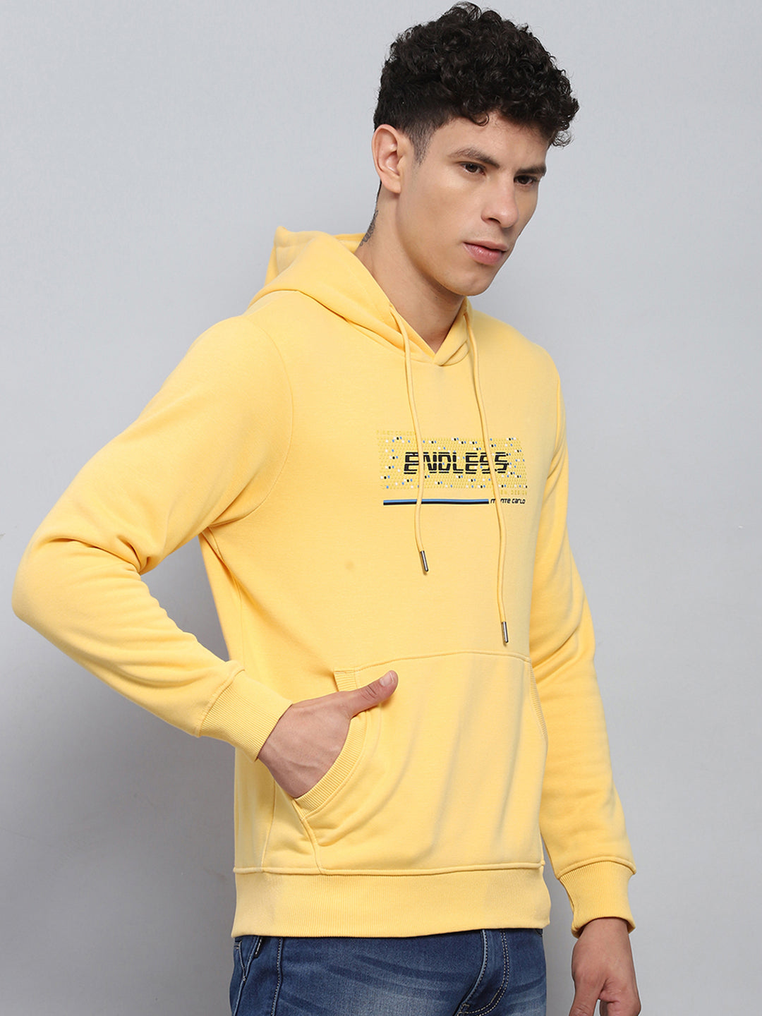 Men Yellow Printed Hooded Full Sleeve Sweatshirt