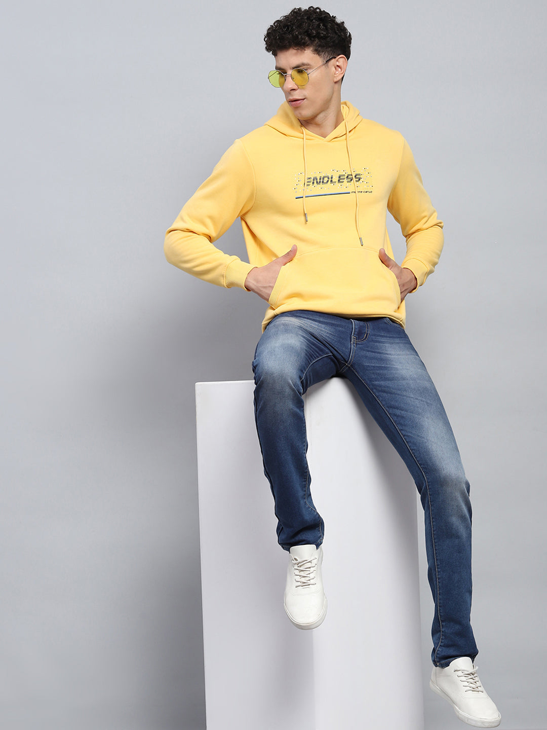 Men Yellow Printed Hooded Full Sleeve Sweatshirt