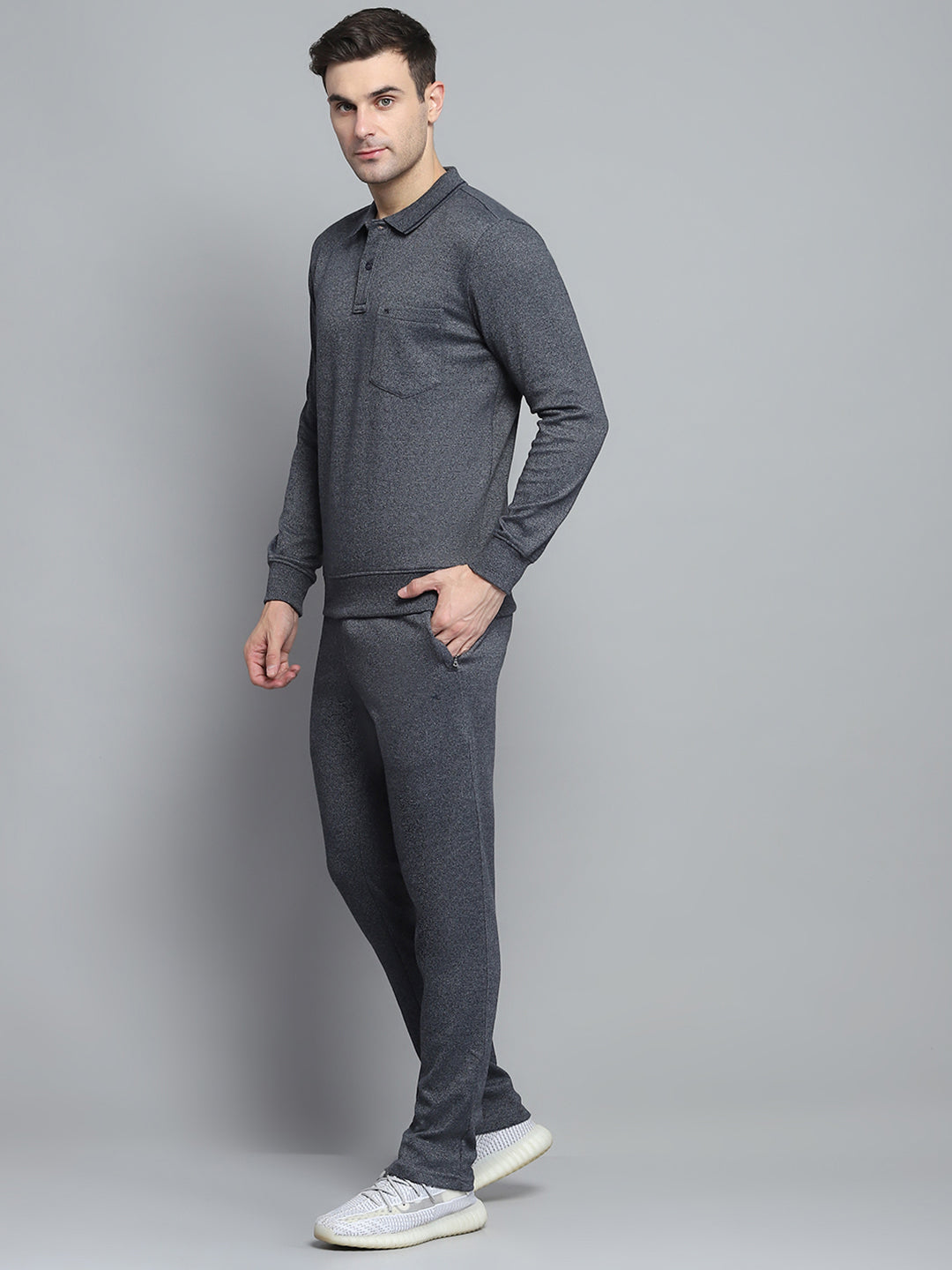 Men Navy Blue Solid Collar Full Sleeve Winter Tracksuit