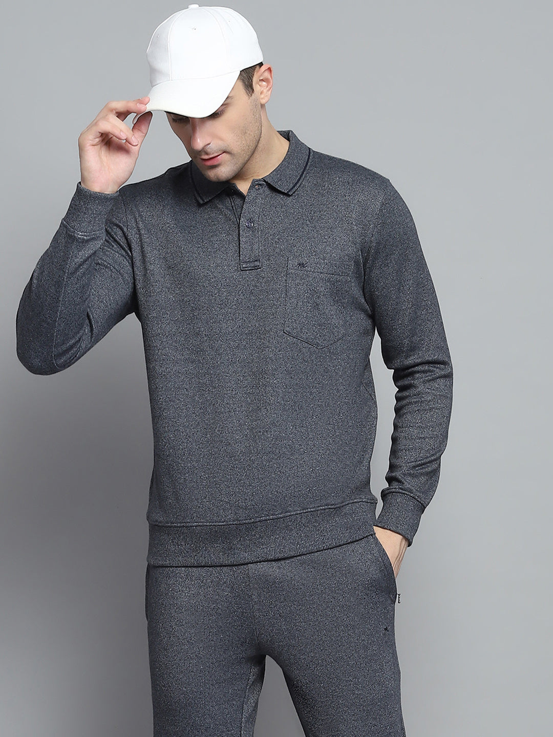 Men Navy Blue Solid Collar Full Sleeve Winter Tracksuit