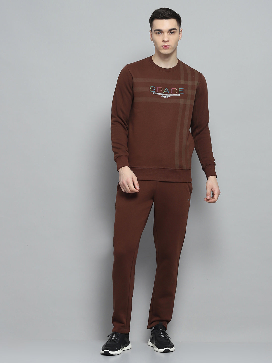 Men Brown Printed Round Neck Full Sleeve Winter Tracksuit