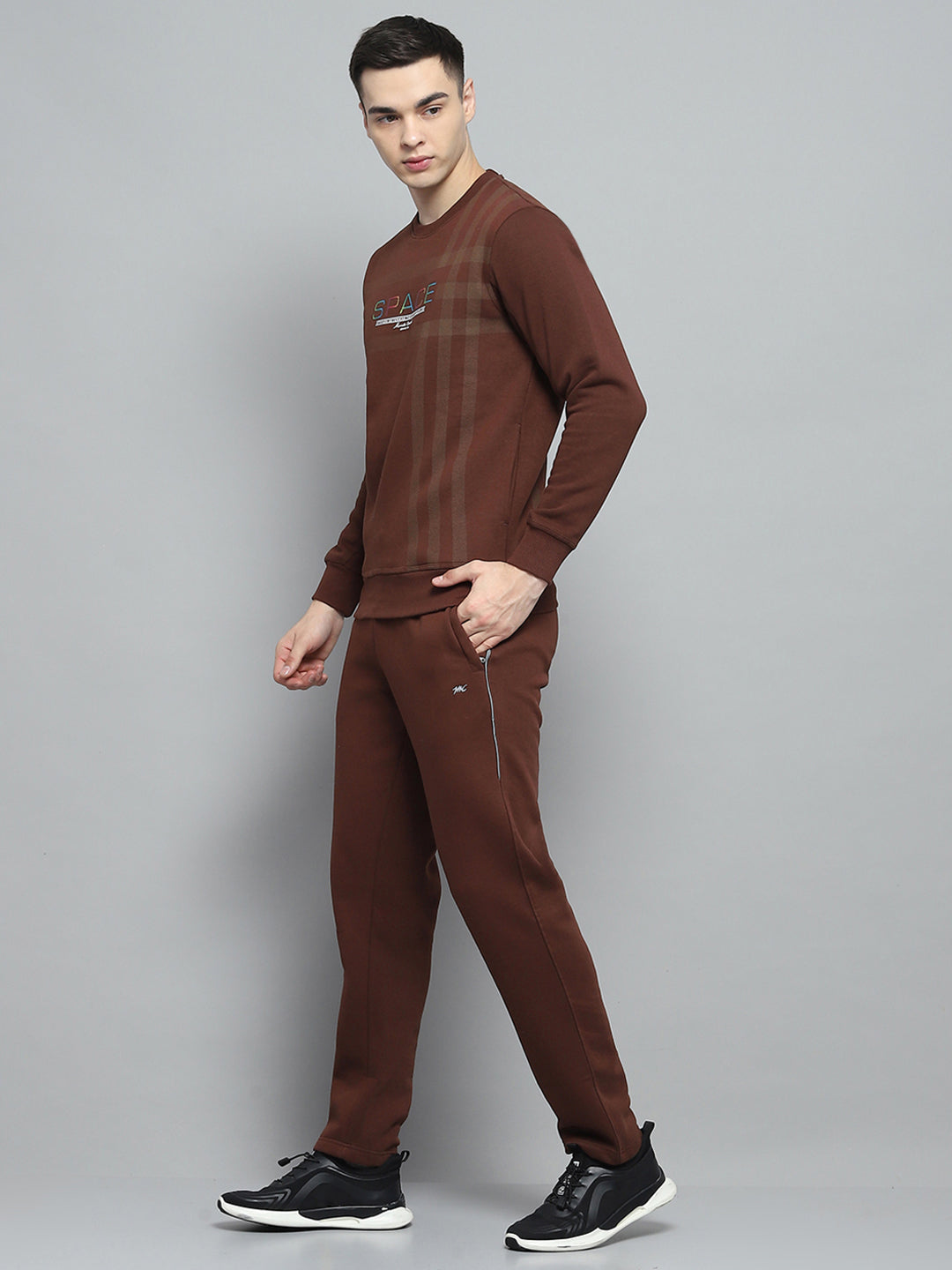 Men Brown Printed Round Neck Full Sleeve Winter Tracksuit