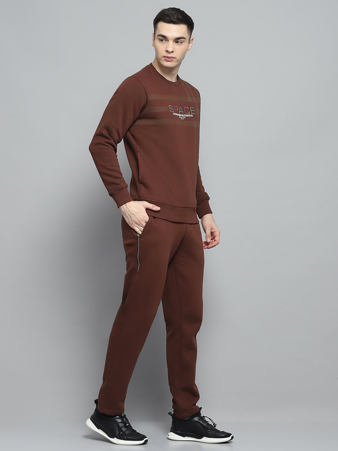 Men Brown Printed Round Neck Full Sleeve Winter Tracksuit