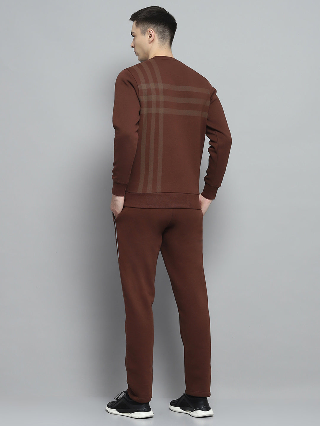 Men Brown Printed Round Neck Full Sleeve Winter Tracksuit