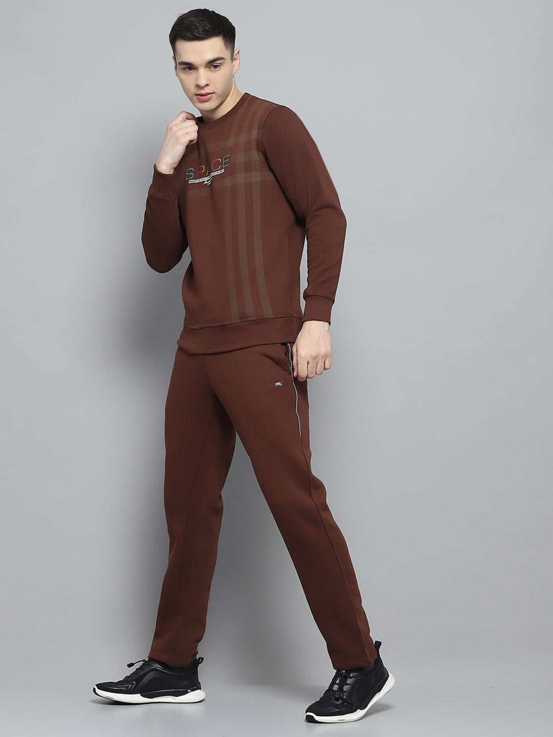 Men Brown Printed Round Neck Full Sleeve Winter Tracksuit
