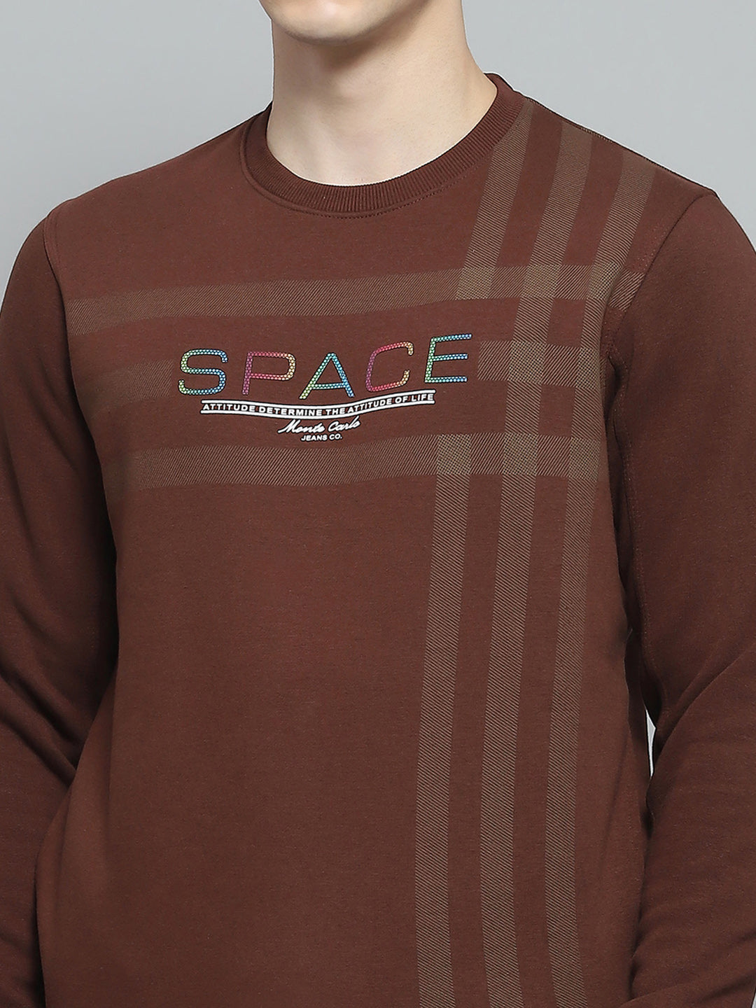 Men Brown Printed Round Neck Full Sleeve Winter Tracksuit