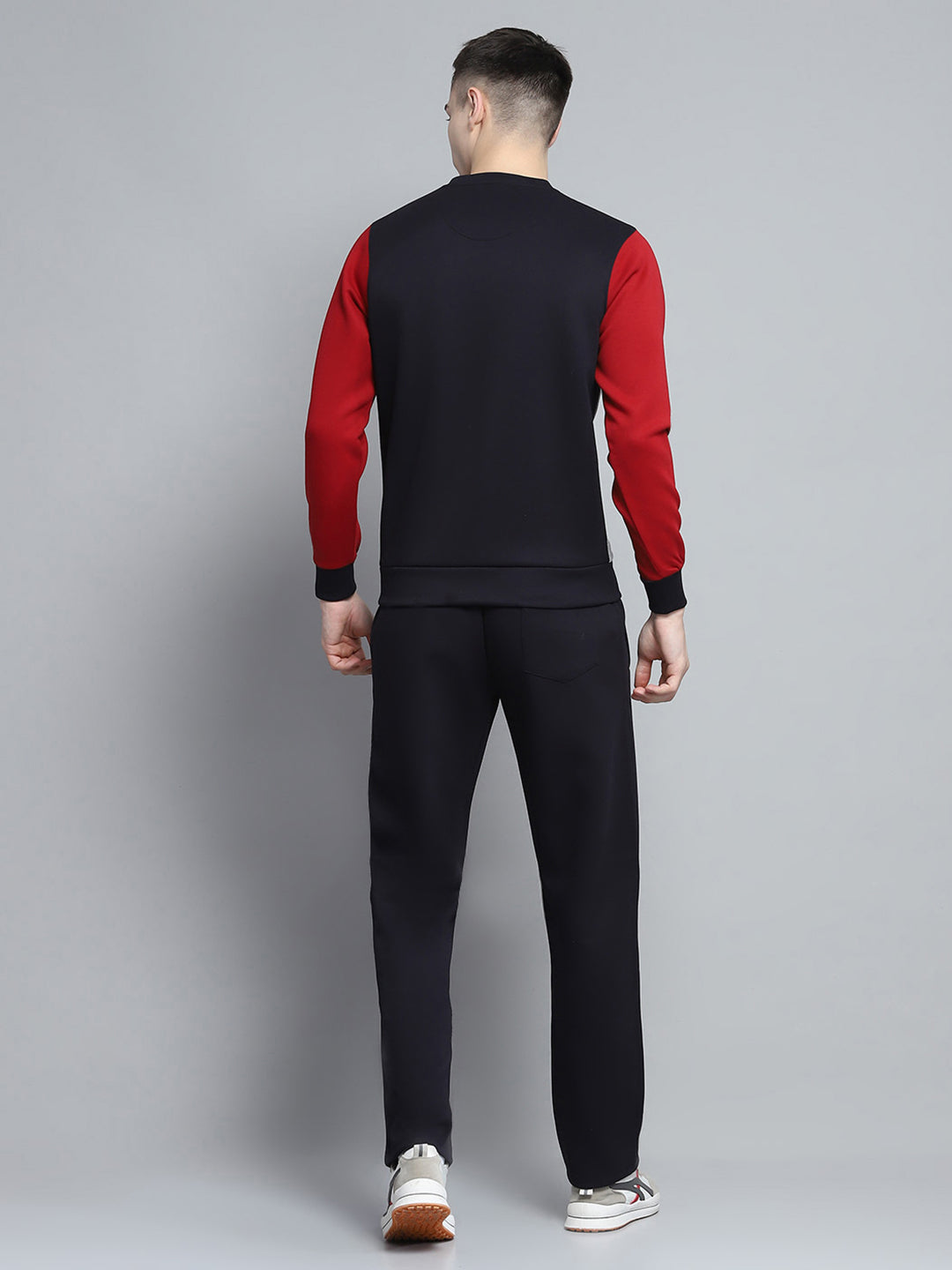 Men Navy Blue Printed Round Neck Full Sleeve Winter Tracksuit