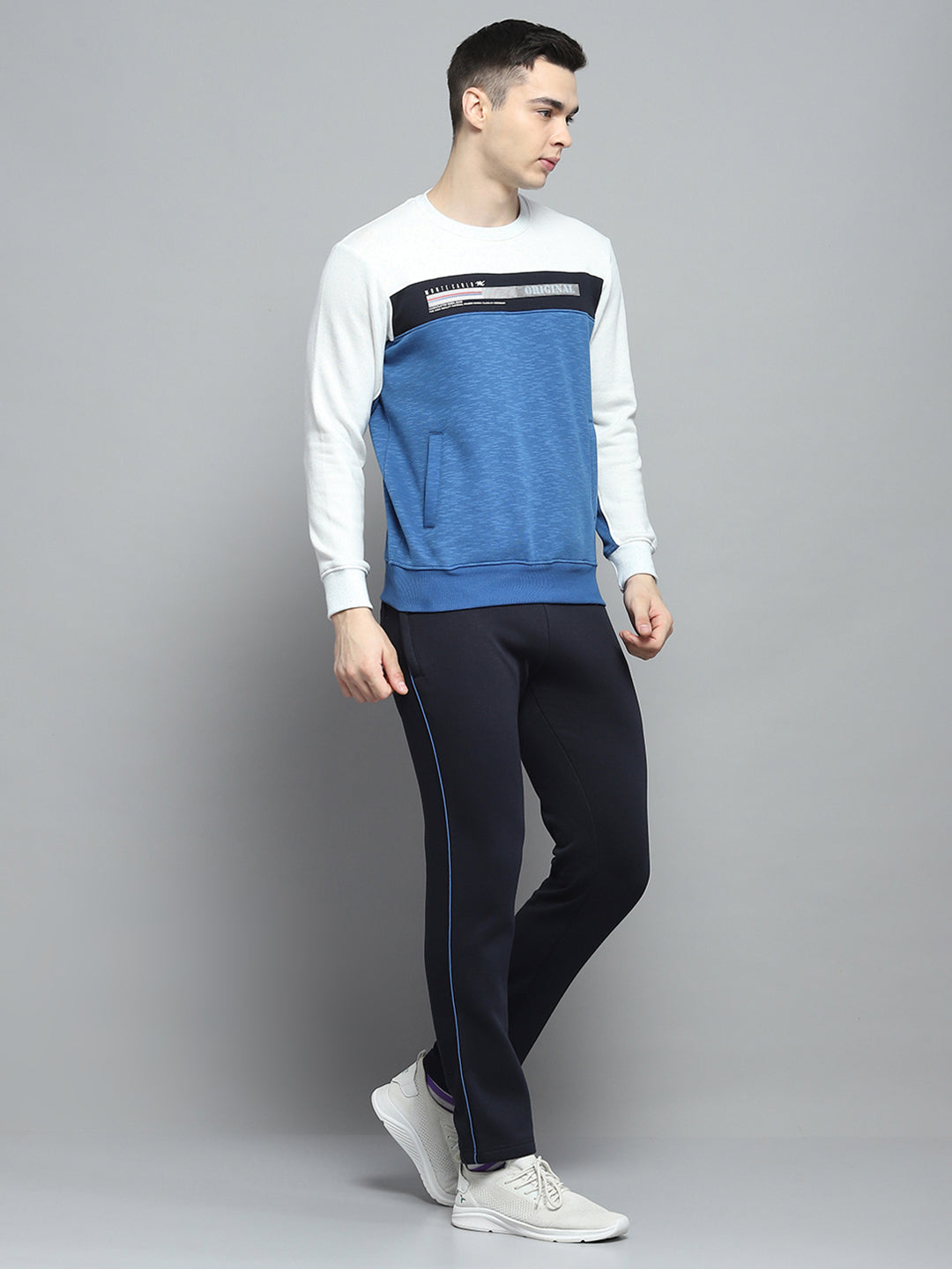 Men Navy Blue Printed Round Neck Full Sleeve Winter Tracksuit