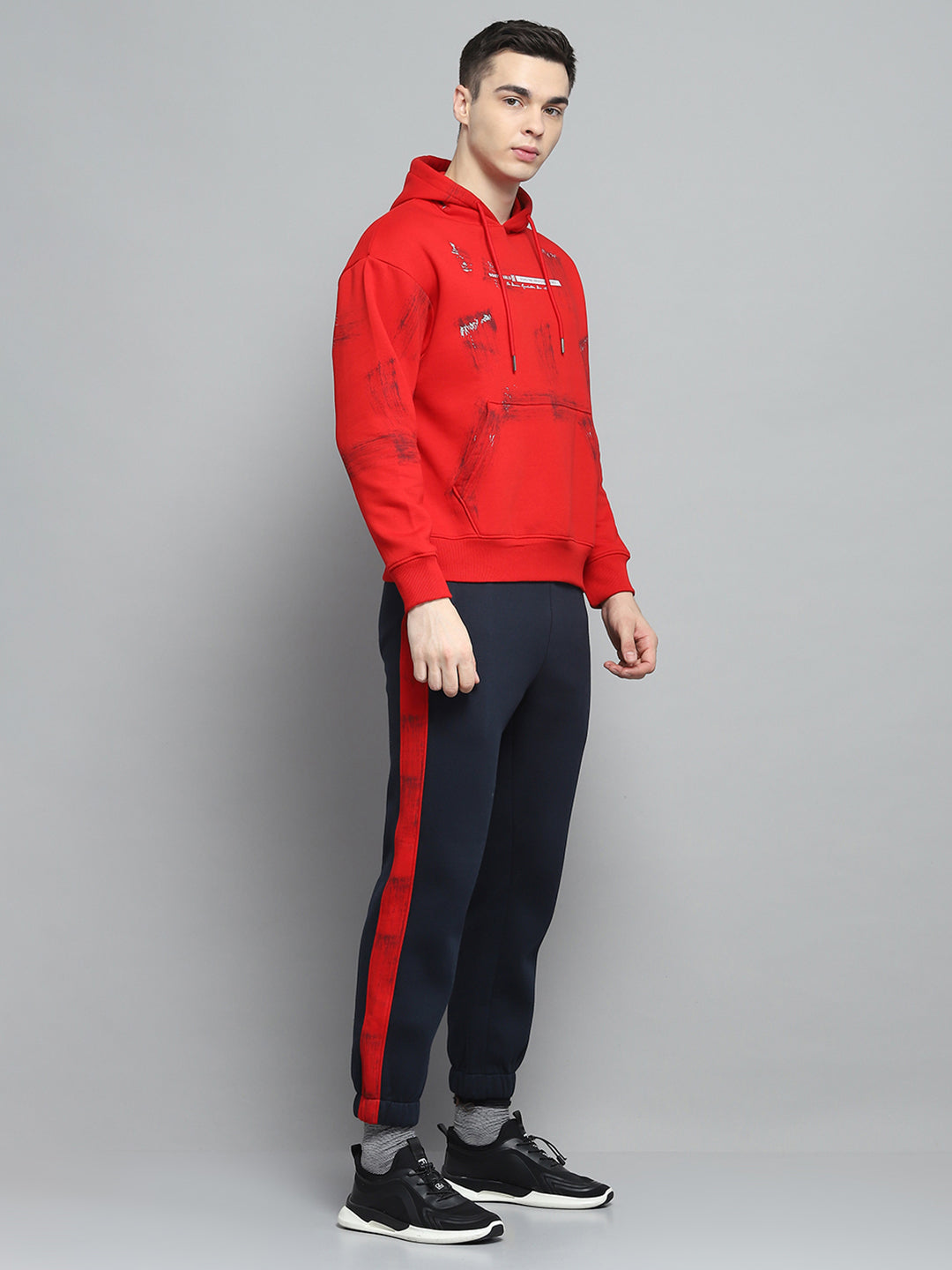 Men Red & Navy Blue Printed Hooded Full Sleeve Winter Tracksuit