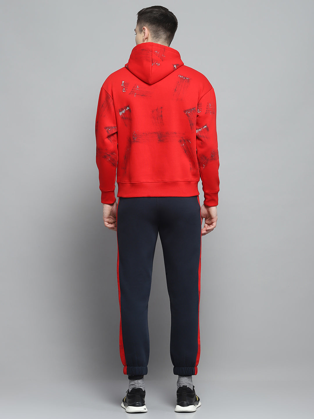 Men Red & Navy Blue Printed Hooded Full Sleeve Winter Tracksuit