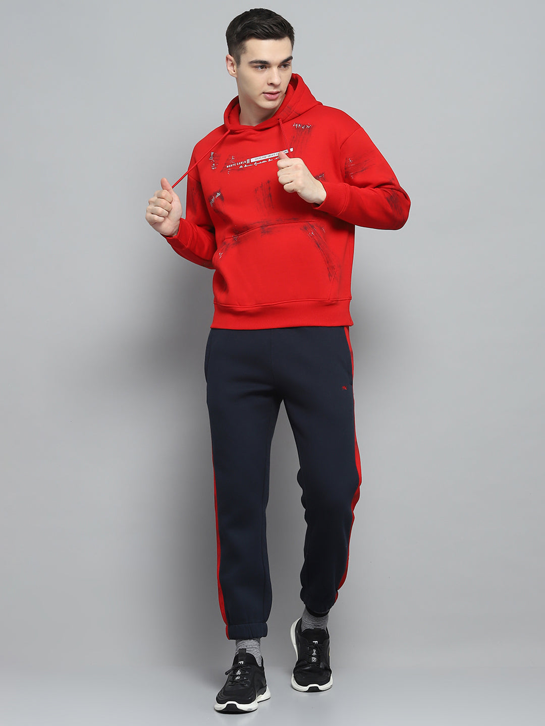 Men Red & Navy Blue Printed Hooded Full Sleeve Winter Tracksuit