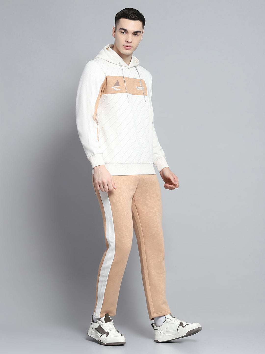 Men Beige Printed Hooded Full Sleeve Winter Tracksuit