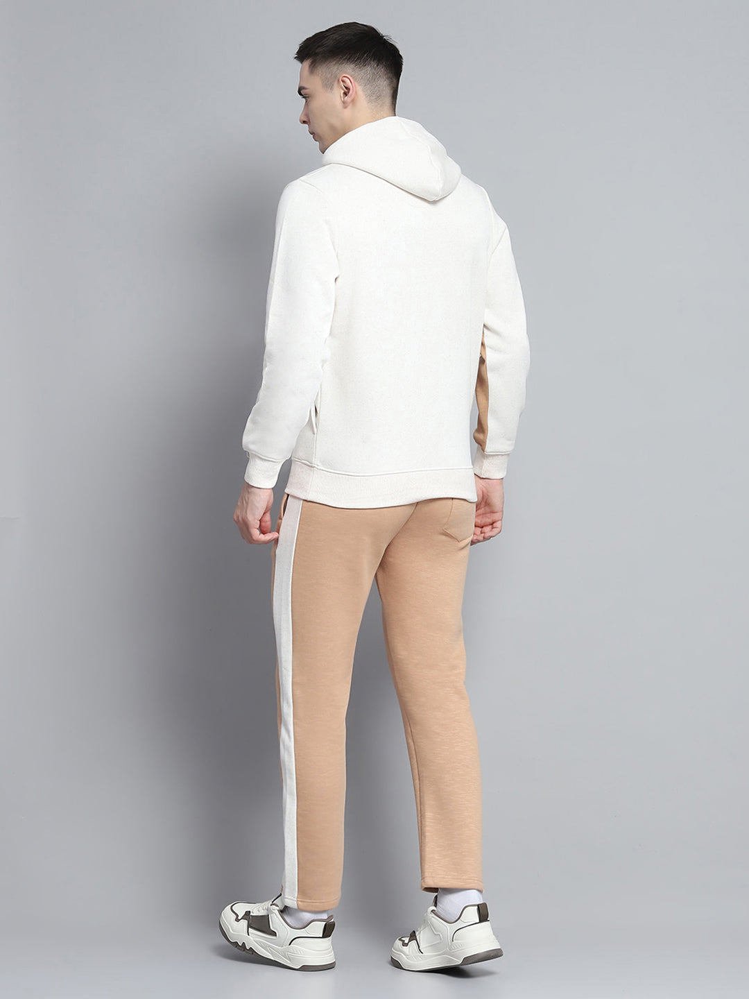 Men Beige Printed Hooded Full Sleeve Winter Tracksuit