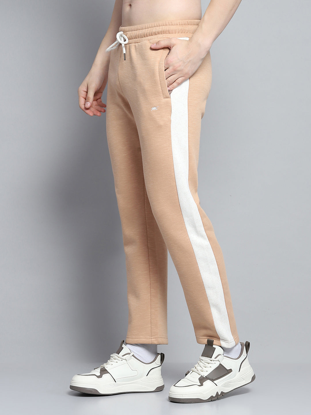 Men Beige Printed Hooded Full Sleeve Winter Tracksuit