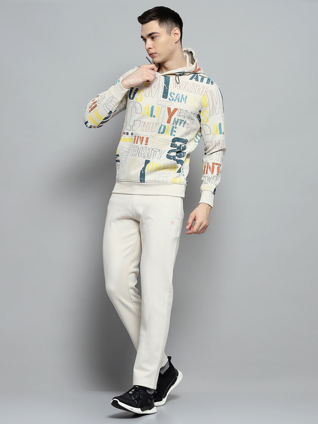 Men Beige Printed Hooded Full Sleeve Winter Tracksuit