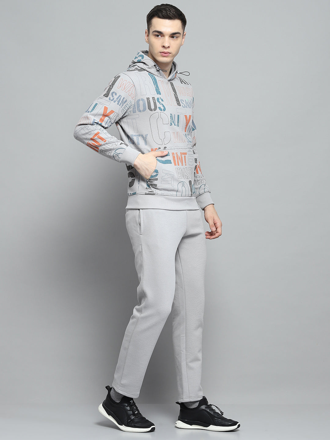 Men Grey Printed Hooded Full Sleeve Winter Tracksuit