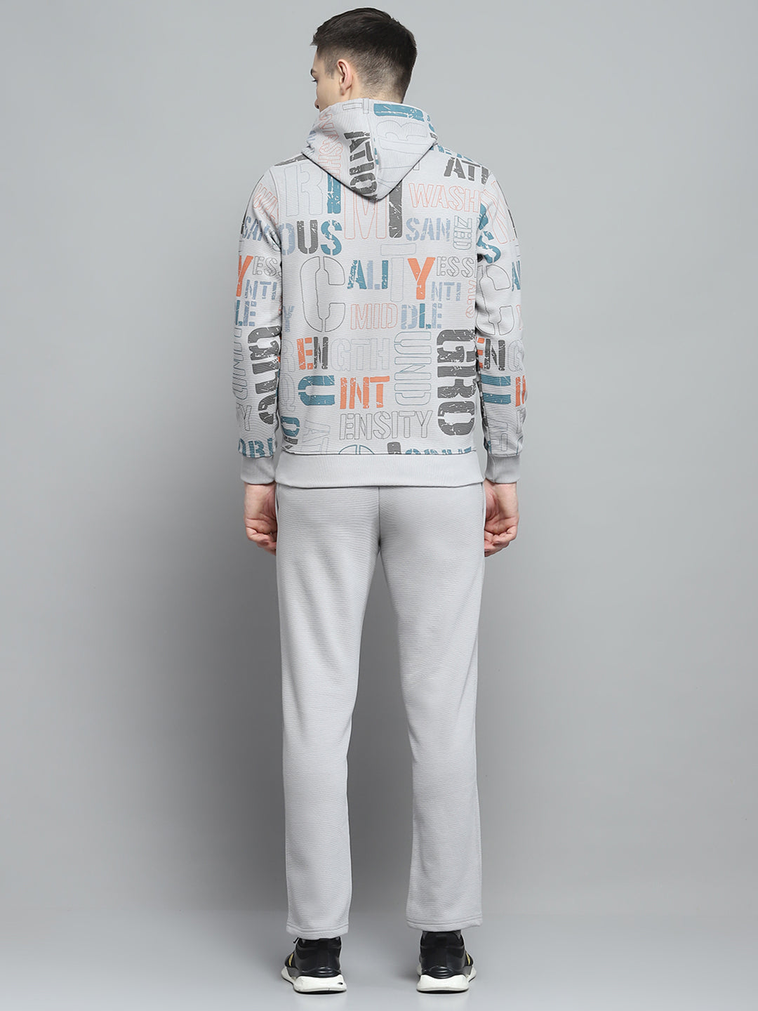 Men Grey Printed Hooded Full Sleeve Winter Tracksuit