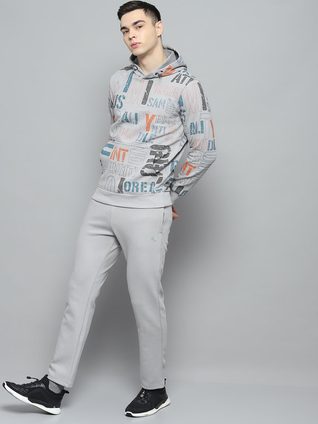 Men Grey Printed Hooded Full Sleeve Winter Tracksuit