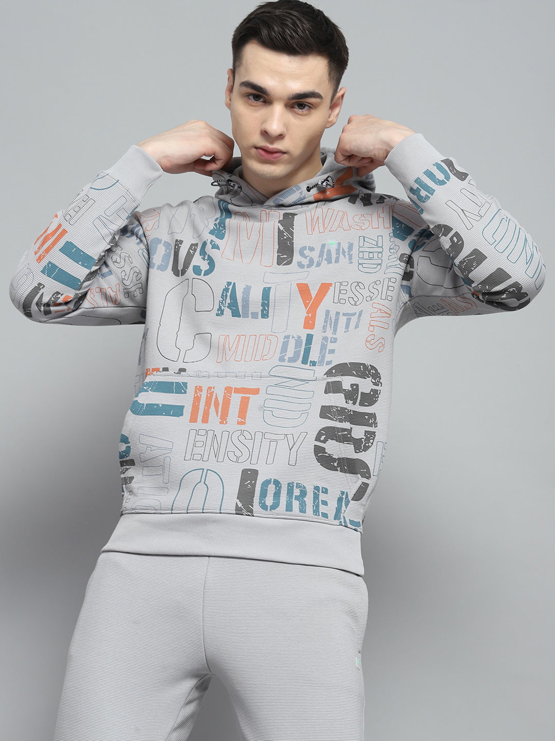 Men Grey Printed Hooded Full Sleeve Winter Tracksuit