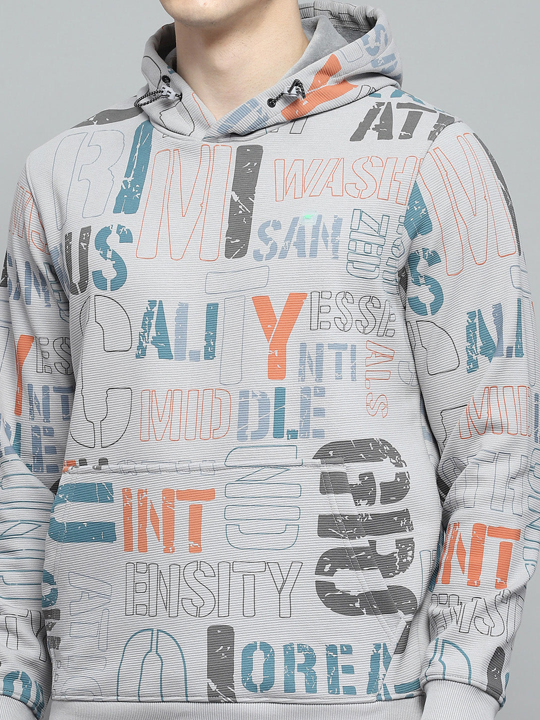 Men Grey Printed Hooded Full Sleeve Winter Tracksuit