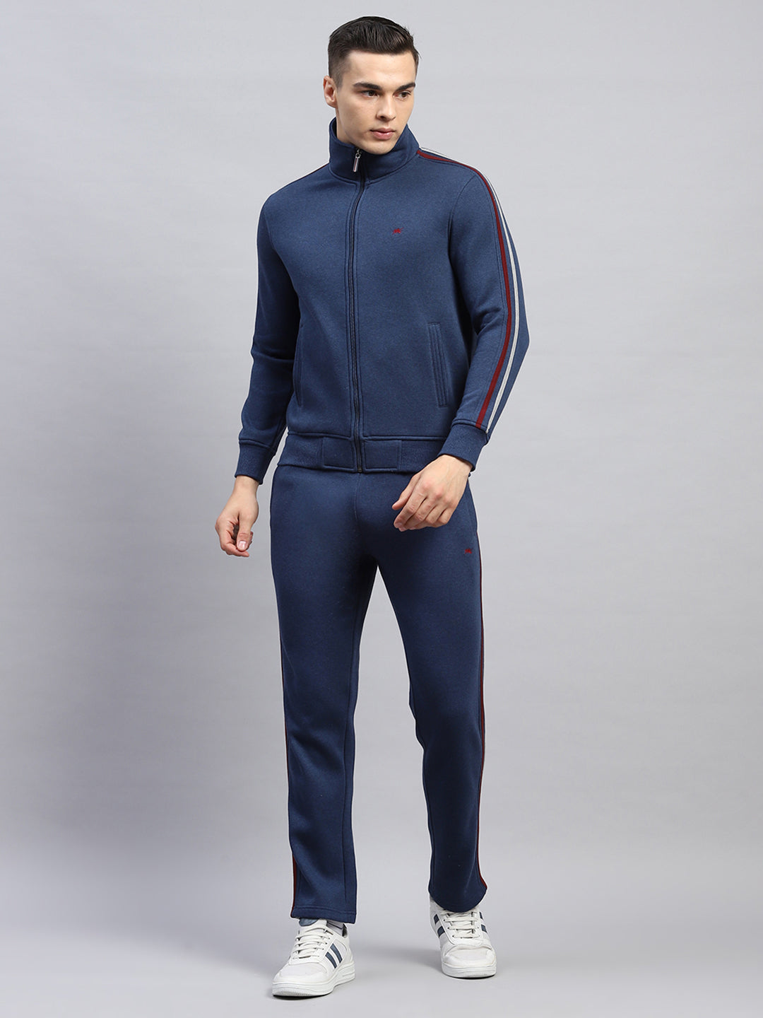 Men Navy Blue Solid Mock Neck Full Sleeve Winter Tracksuit
