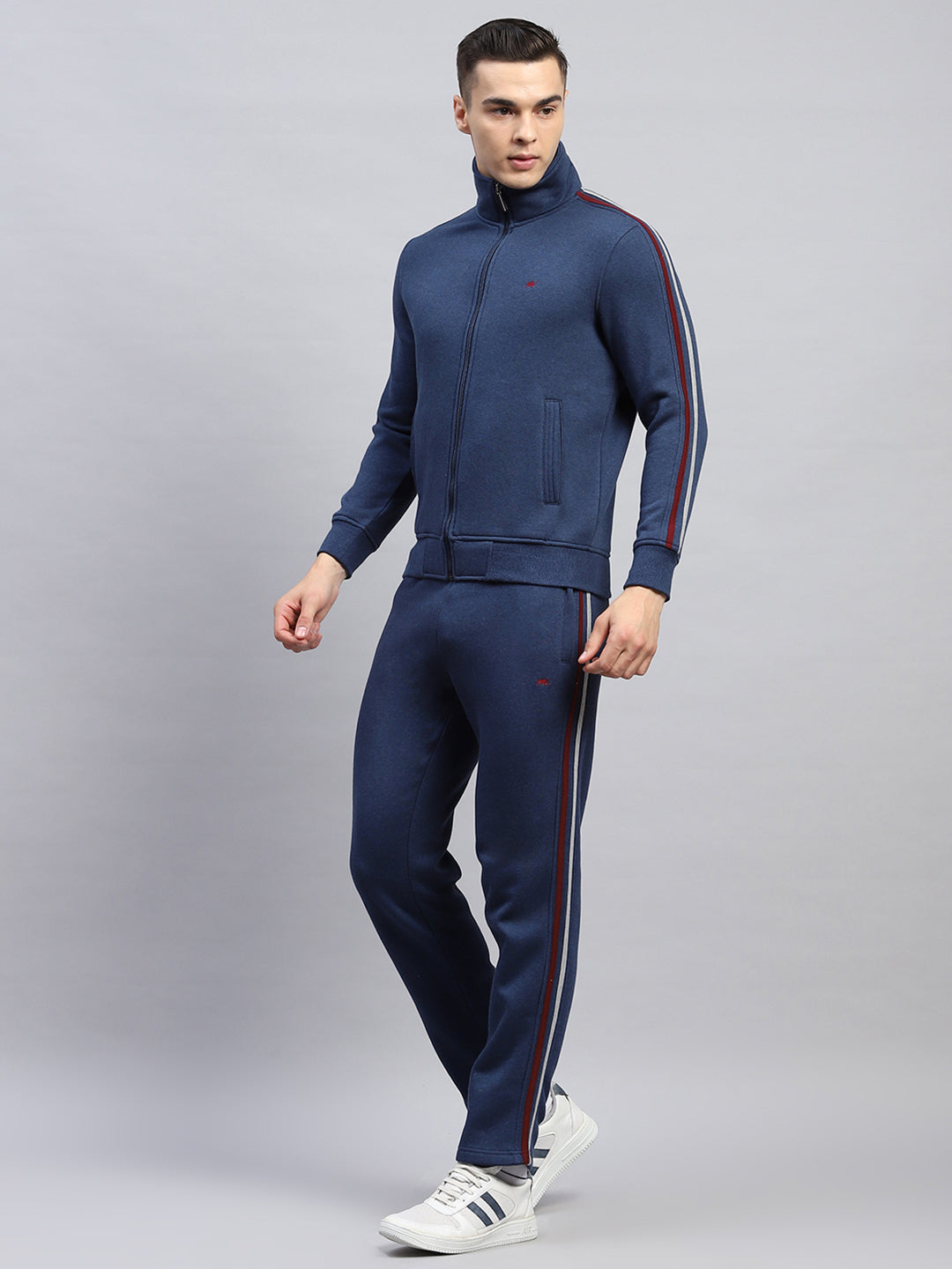 Men Navy Blue Solid Mock Neck Full Sleeve Winter Tracksuit