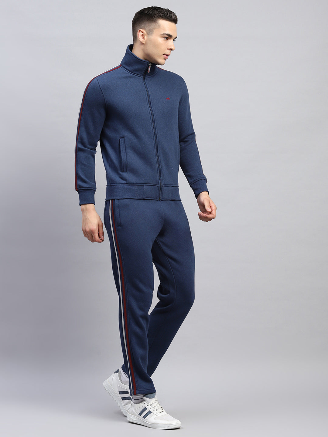 Men Navy Blue Solid Mock Neck Full Sleeve Winter Tracksuit
