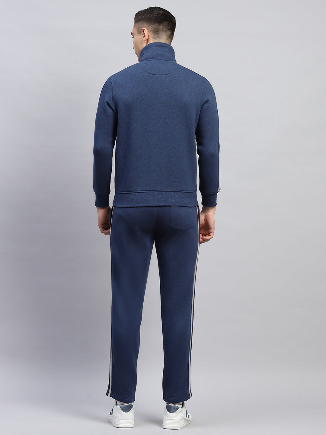 Men Navy Blue Solid Mock Neck Full Sleeve Winter Tracksuit