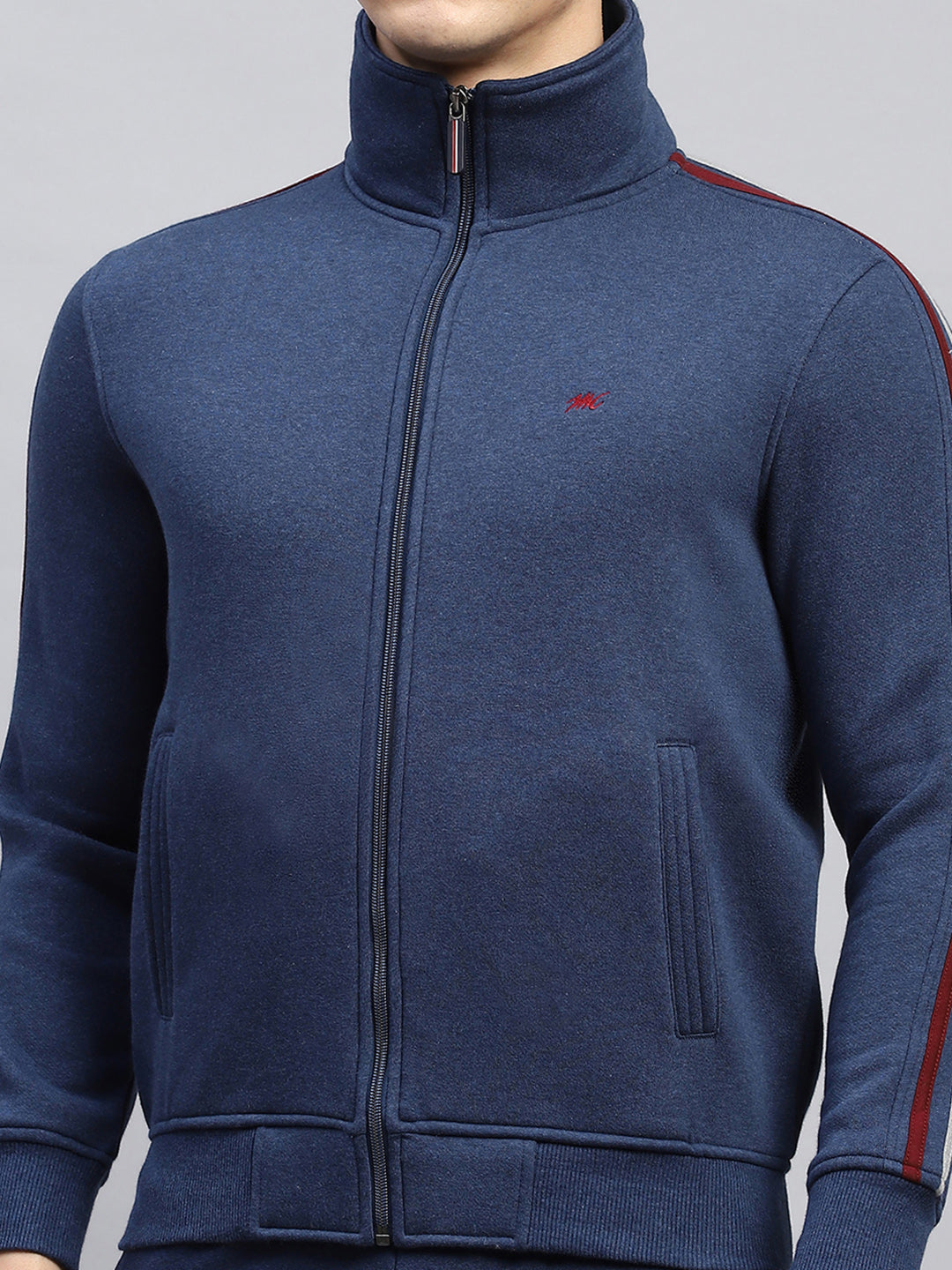 Men Navy Blue Solid Mock Neck Full Sleeve Winter Tracksuit