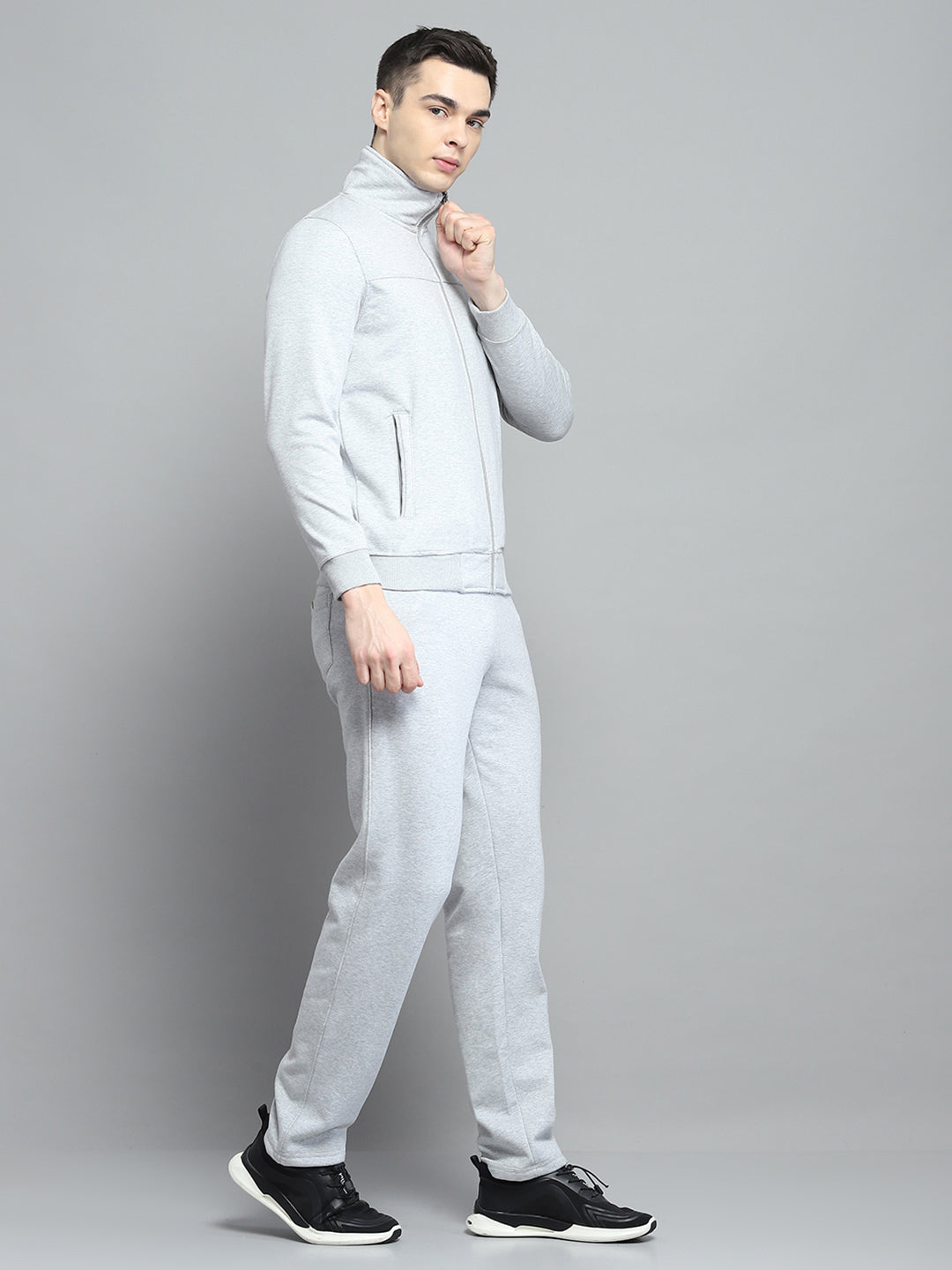 Men Grey Solid Collar Full Sleeve Winter Tracksuit