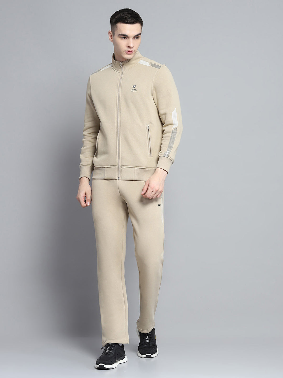 Men Camel Brown Printed Mock Neck Full Sleeve Winter Tracksuit