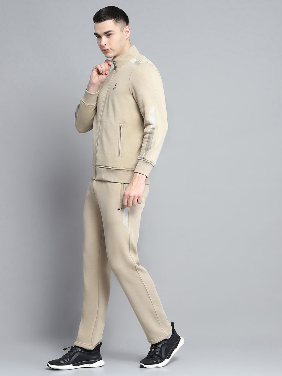 Men Camel Brown Printed Mock Neck Full Sleeve Winter Tracksuit