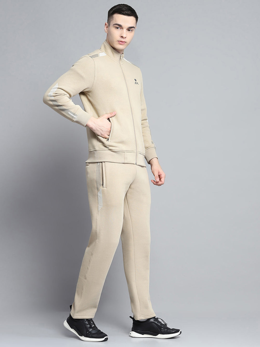 Men Camel Brown Printed Mock Neck Full Sleeve Winter Tracksuit