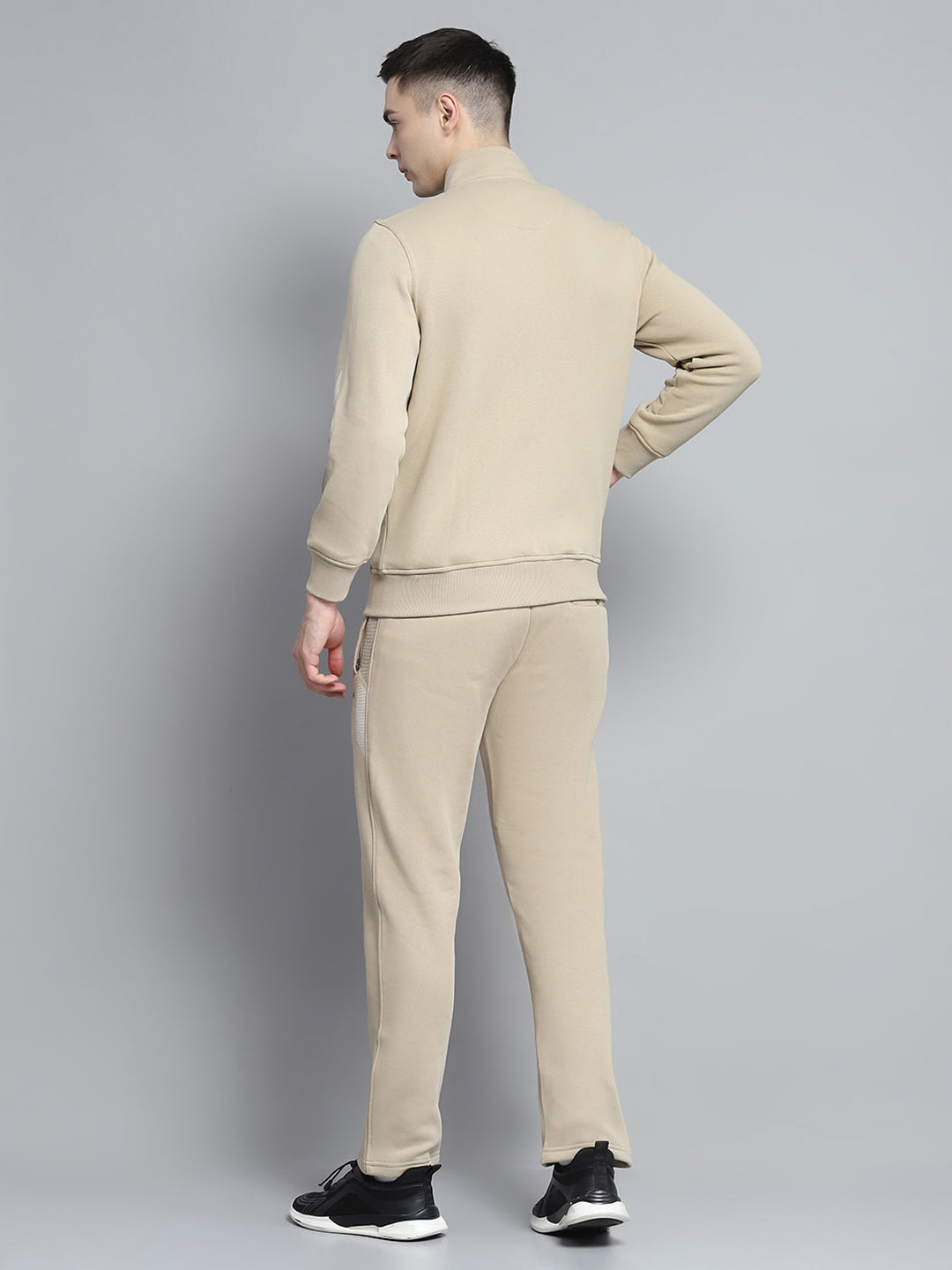 Men Camel Brown Printed Mock Neck Full Sleeve Winter Tracksuit