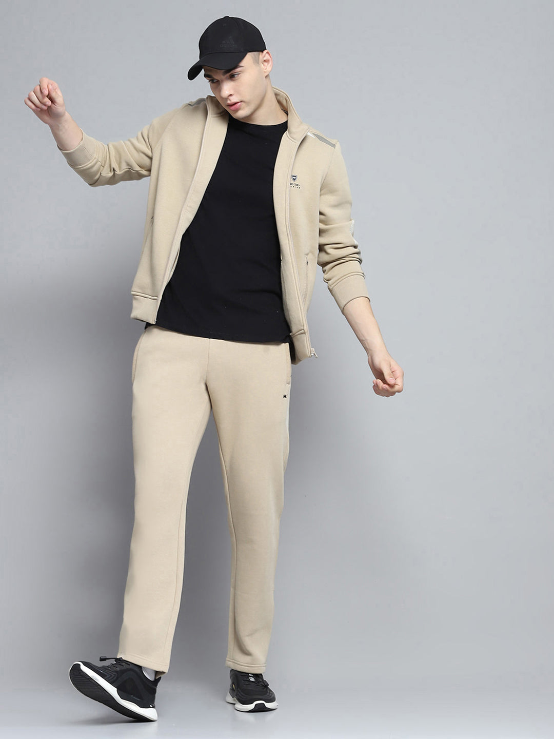 Men Camel Brown Printed Mock Neck Full Sleeve Winter Tracksuit