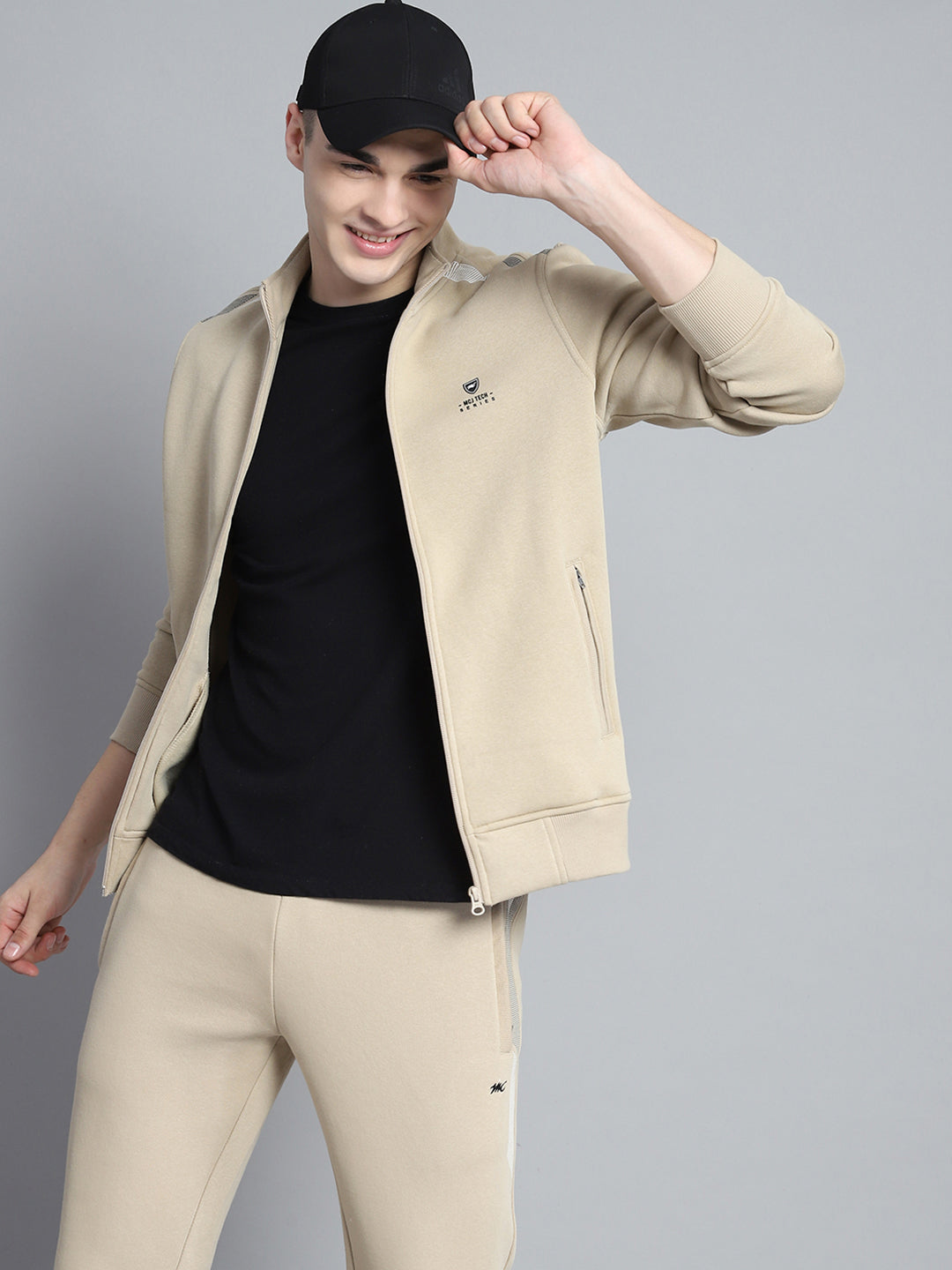 Men Camel Brown Printed Mock Neck Full Sleeve Winter Tracksuit