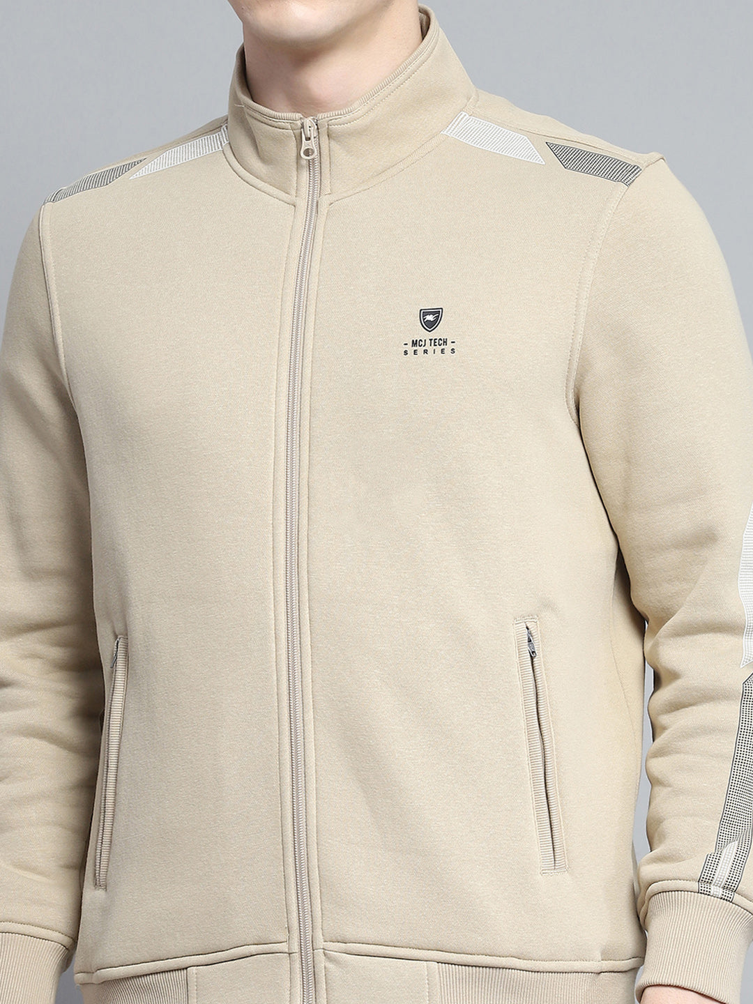 Men Camel Brown Printed Mock Neck Full Sleeve Winter Tracksuit