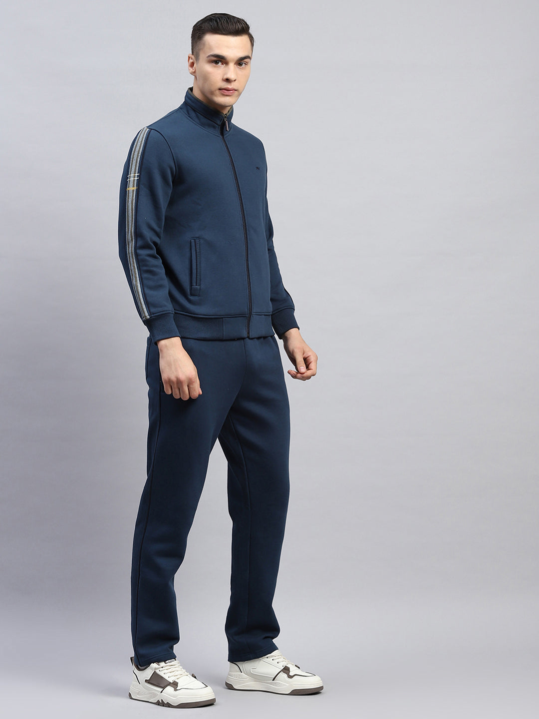 Men Navy Blue Solid Mock Neck Full Sleeve Winter Tracksuit