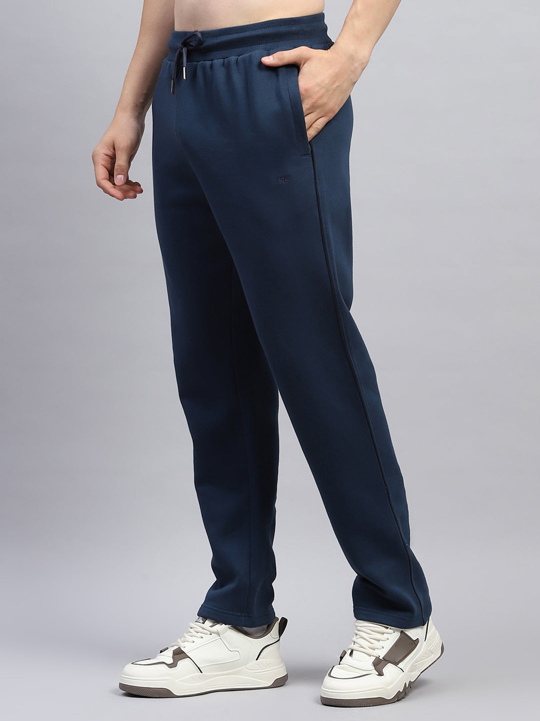 Men Navy Blue Solid Mock Neck Full Sleeve Winter Tracksuit