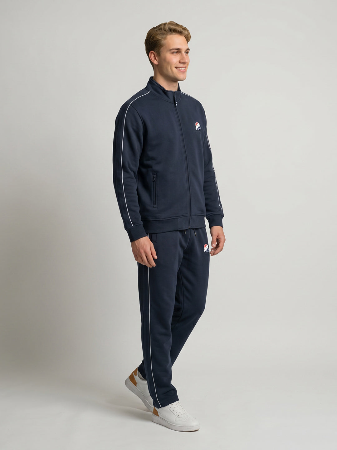 Men Navy Blue Solid Turtle Neck Full Sleeve Tracksuit