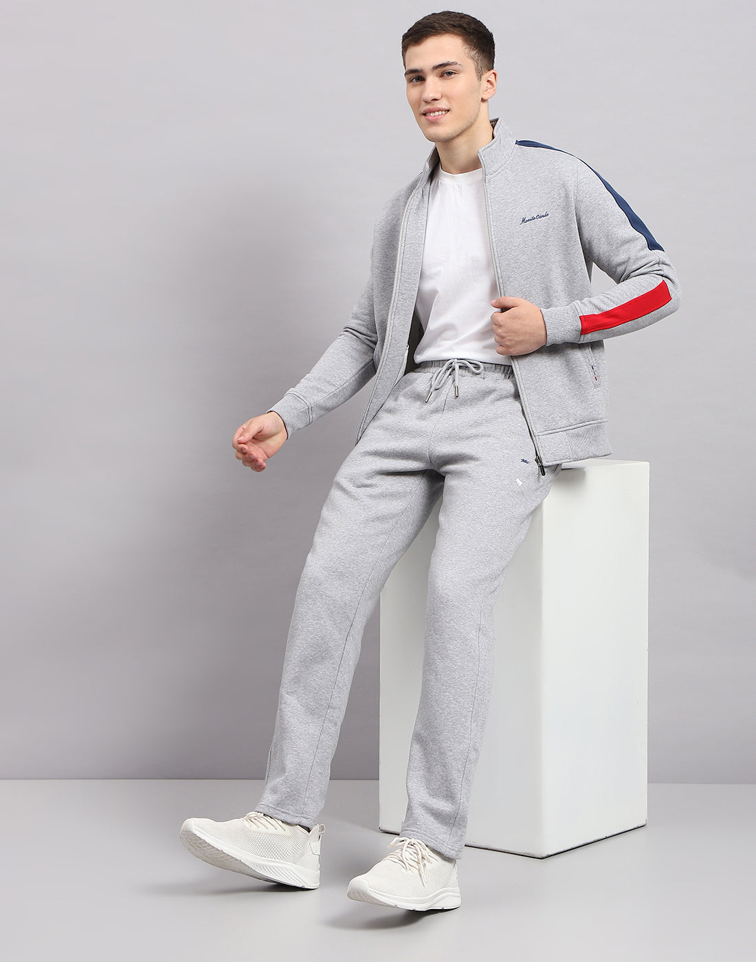 Buy Men Grey Self Design Mock Neck Full Sleeve Winter Tracksuit