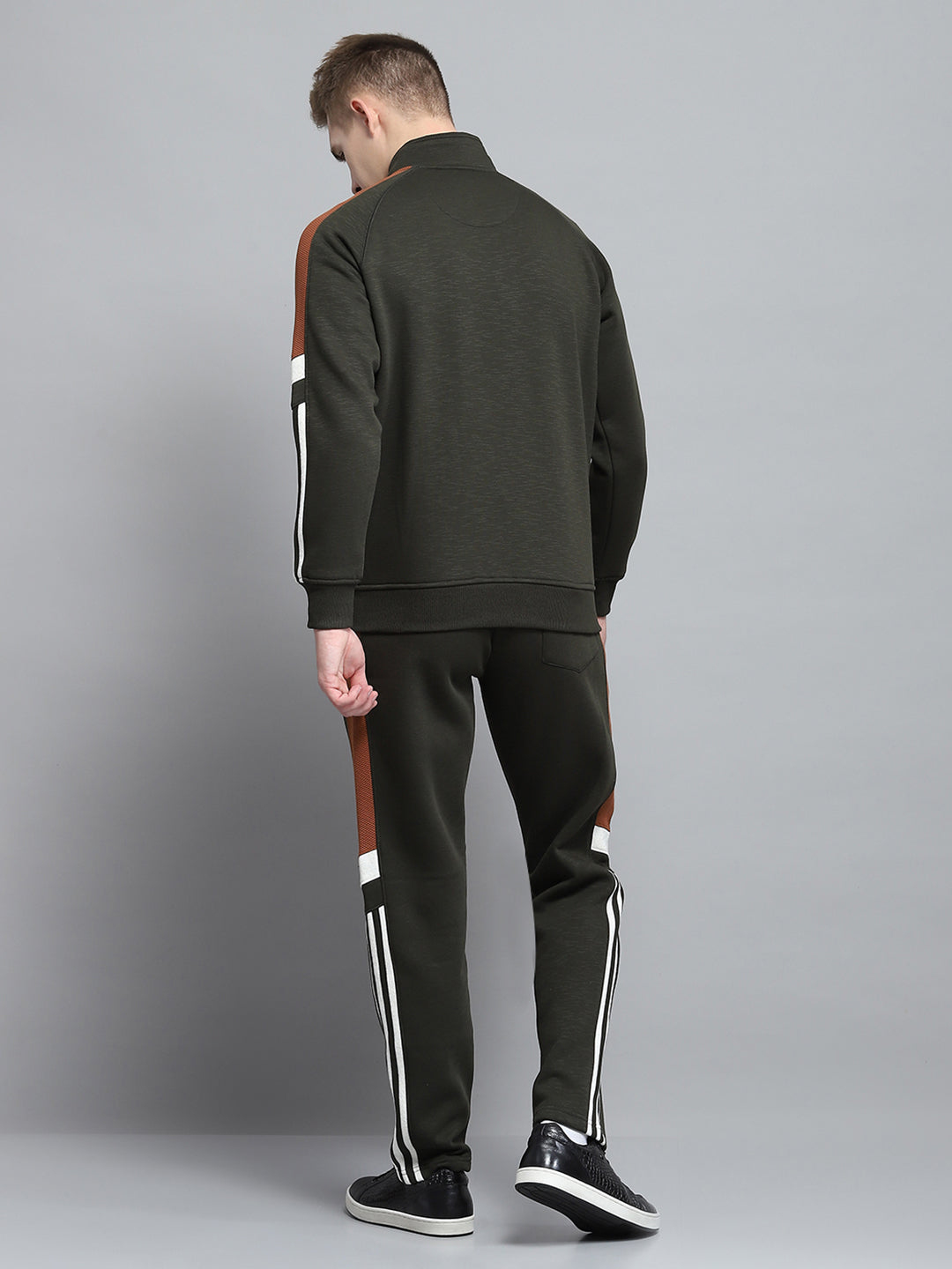 Men Olive Self Design Mock Neck Full Sleeve Winter Tracksuit