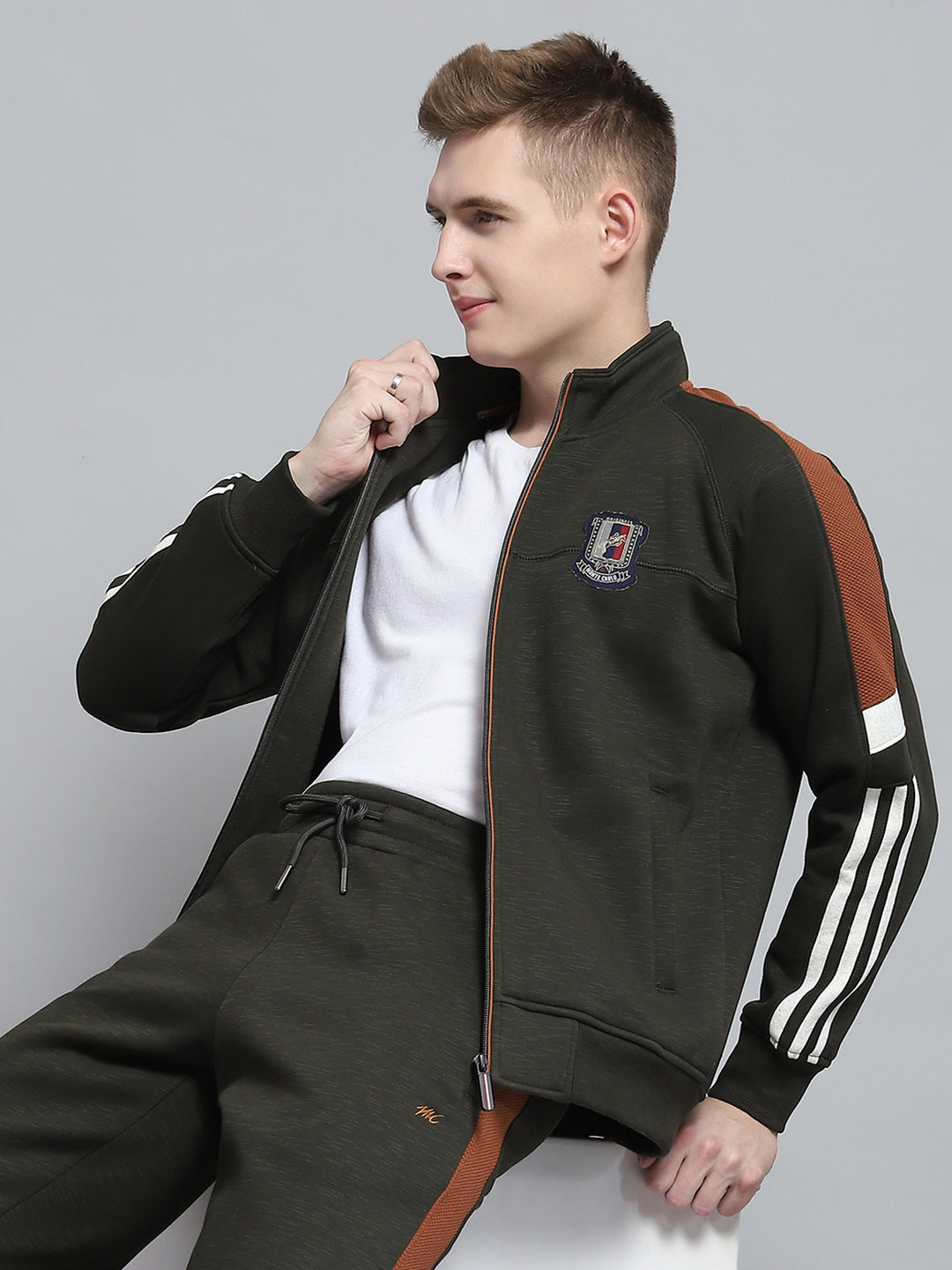 Men Olive Self Design Mock Neck Full Sleeve Winter Tracksuit